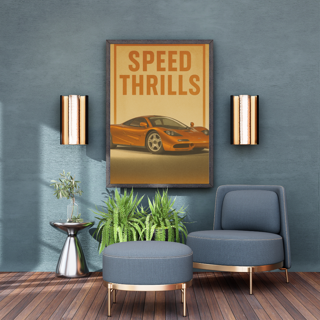"Speed Thrills" McLaren F1 Poster – Retro Supercar Mads Kraft
