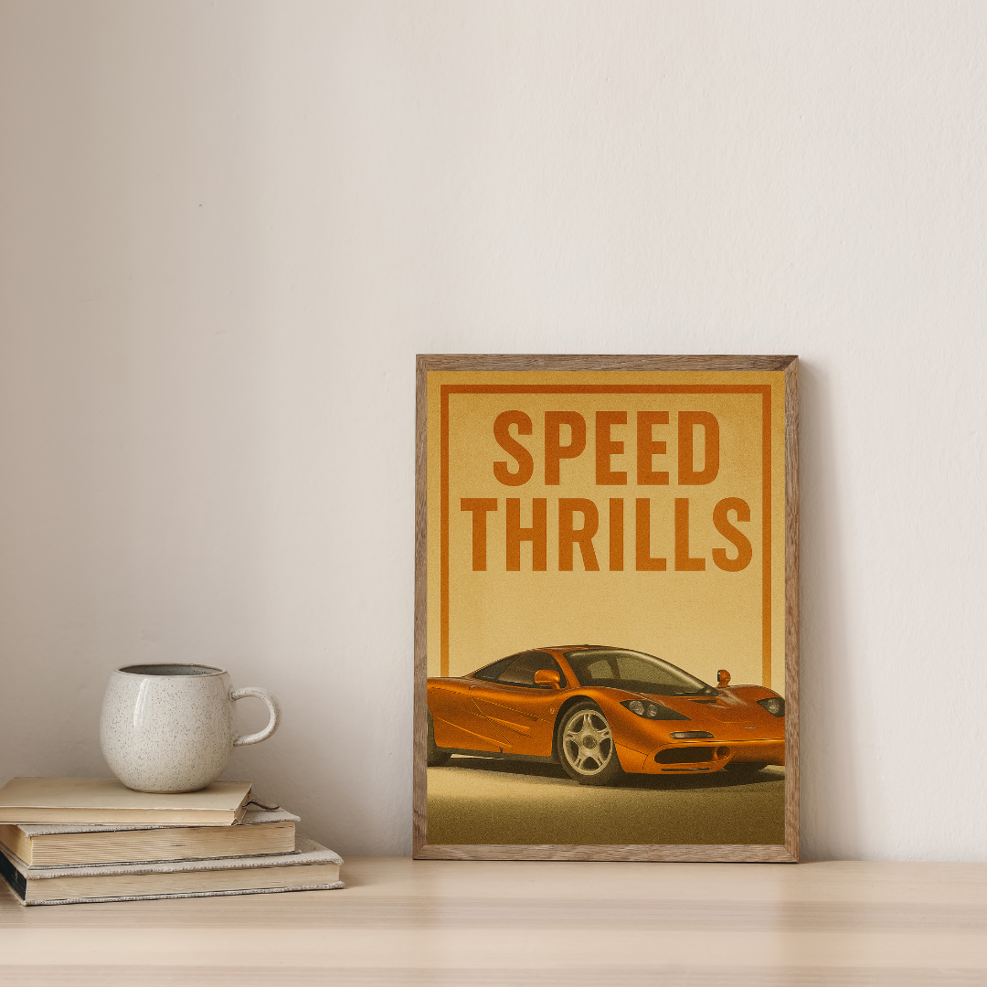 "Speed Thrills" McLaren F1 Poster – Retro Supercar Mads Kraft