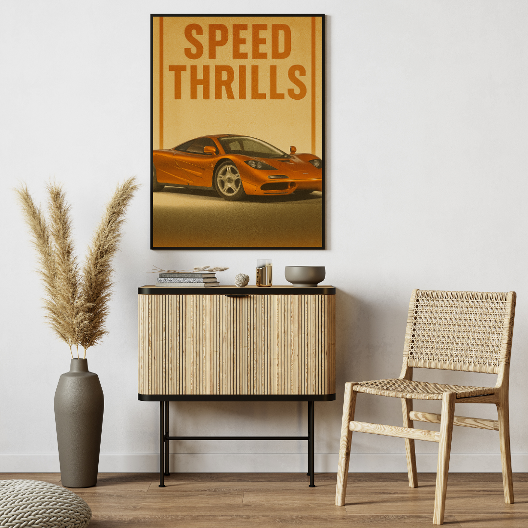 "Speed Thrills" McLaren F1 Poster – Retro Supercar Mads Kraft