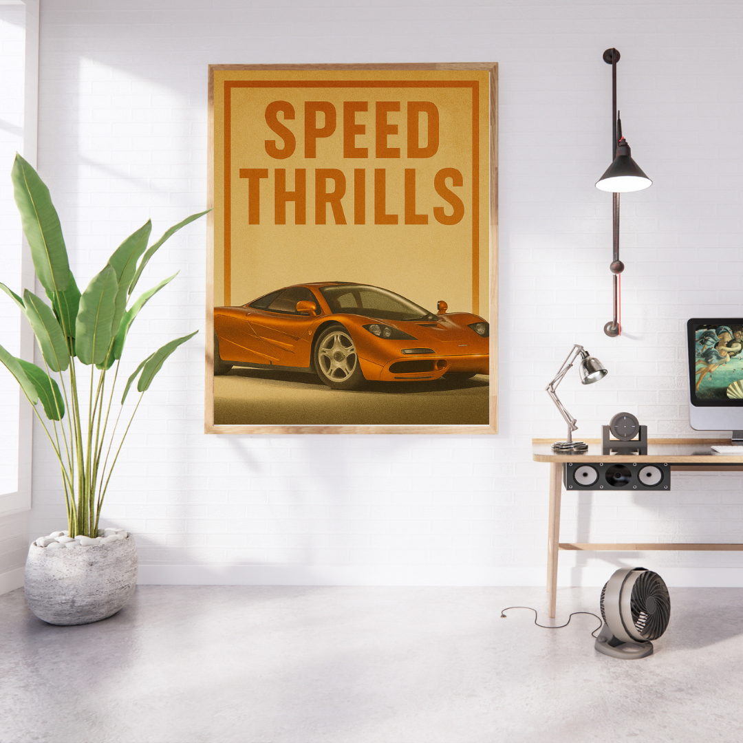 "Speed Thrills" McLaren F1 Poster – Retro Supercar Mads Kraft