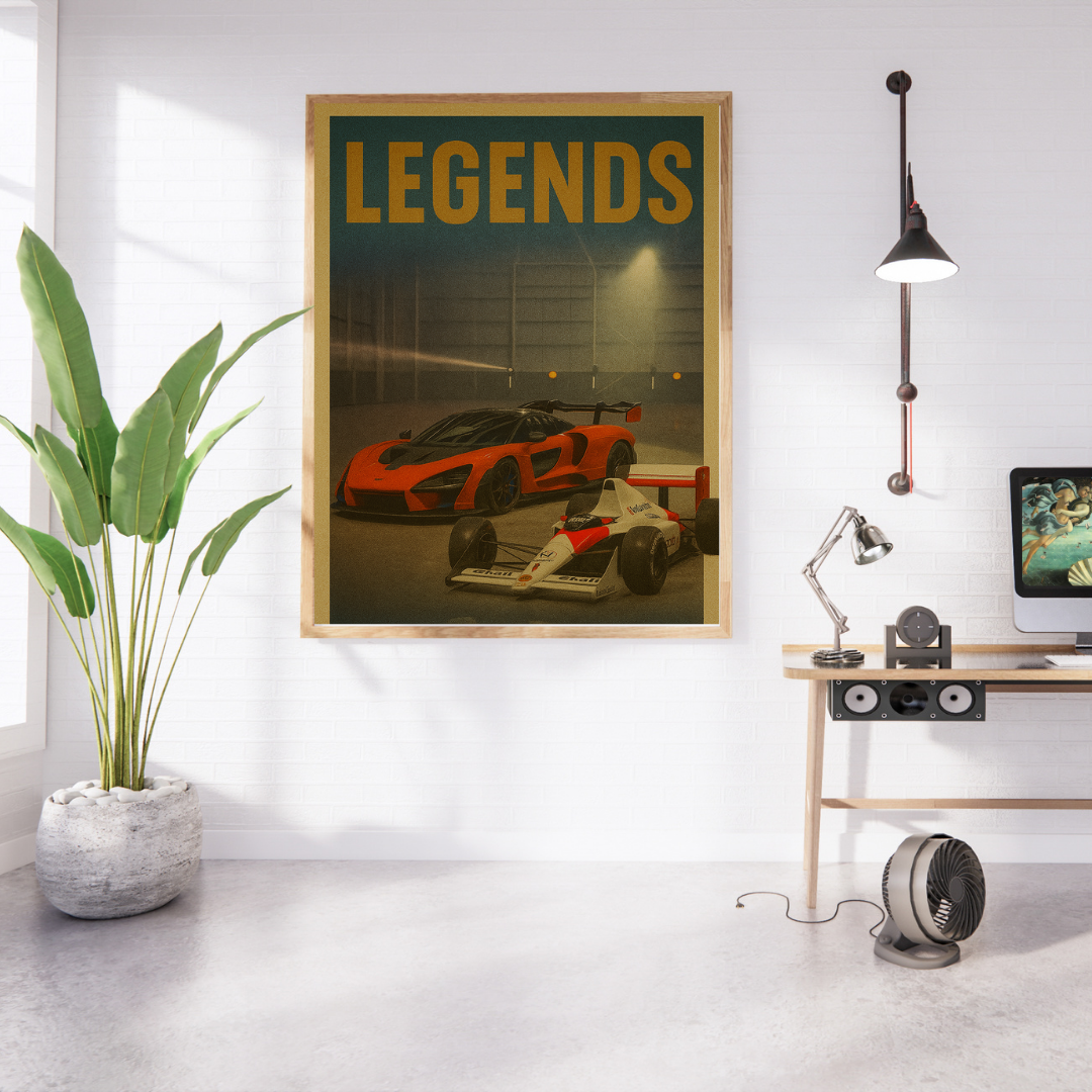 "LEGENDS: McLaren Legacy Poster" – Iconic Supercar & F1 Wall Art Mads Kraft