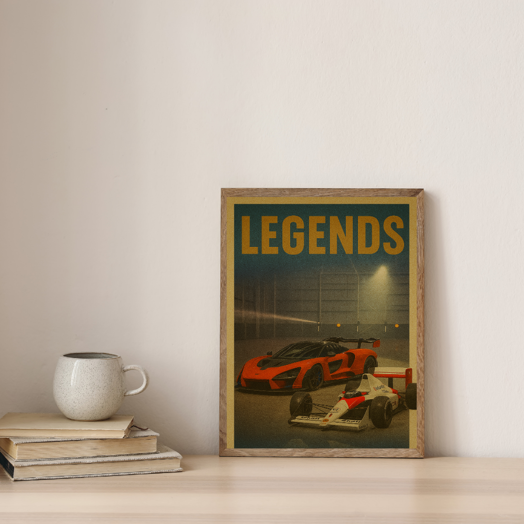 "LEGENDS: McLaren Legacy Poster" – Iconic Supercar & F1 Wall Art Mads Kraft