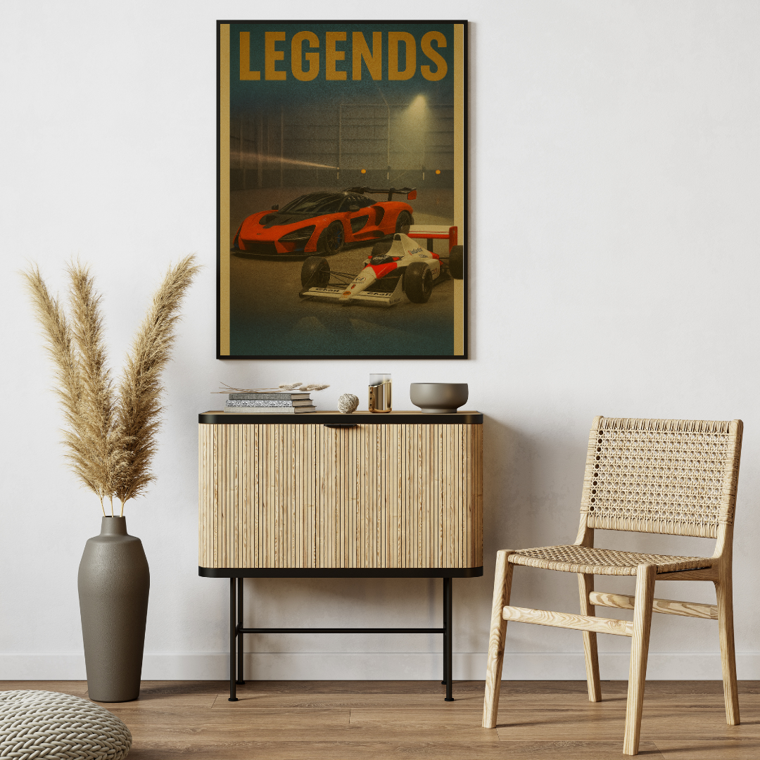 "LEGENDS: McLaren Legacy Poster" – Iconic Supercar & F1 Wall Art Mads Kraft